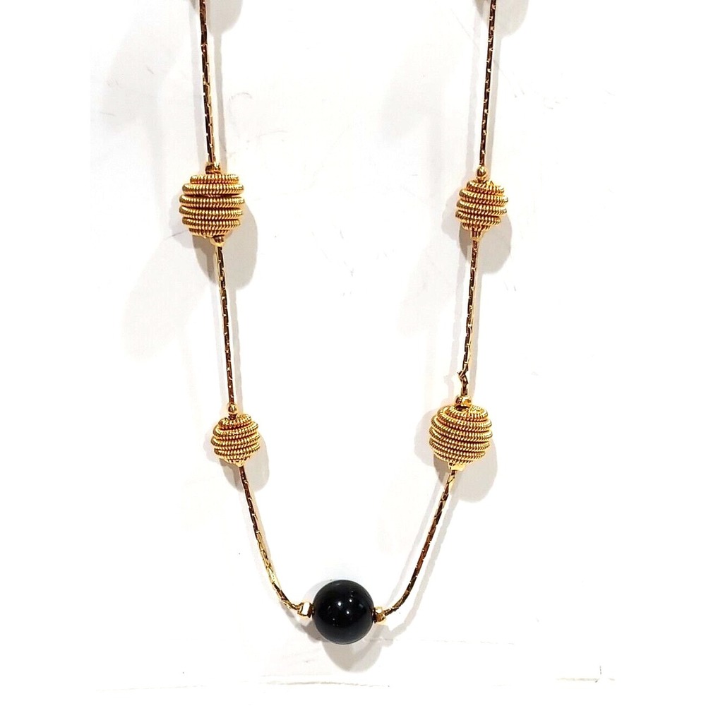 Necklace - Gold Tone Beehive and Black Bead Necklace 35"